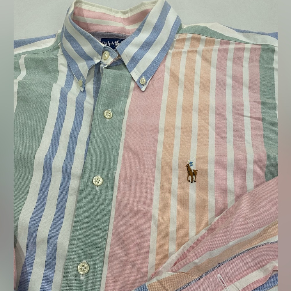 Polo Ralph Lauren Shirt Mens Large Button Down Long Sleeve Multi-Stripe Pastel